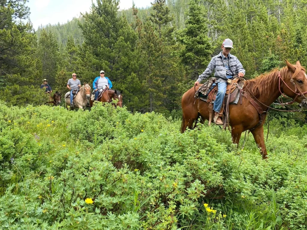 Guests riding horseback through the Bob Marshall Wilderness on the Chinese Wall pack trip in Montana